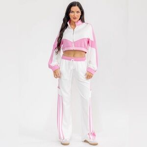 063 • ON SALE!...Baby Pink White Track Zip-up Crop Top and Pants Set
